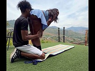 A gorgeous Ebony Milf Fucks her trainer, whos got a massive cock , with her tight pussy whilst her husbands away