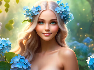 Nude Beauty Holding Sky-blue Hydrangea Jade Green Diamond Elegance Artistic Ai Slideshow