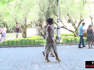 Public throating Ebony sub mouth jizzed in front of voyeurs