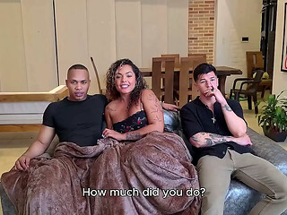 Busty Latina MILF with a big ass threesome with two work friends in the living room