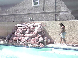 BBW Busty Bexx takes on BBC pool-boy in a rough and real amateur homemade scene.