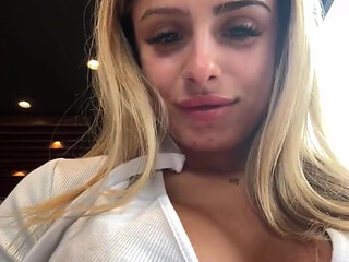 Tattooed Blonde with Big Tits and Hairy Pussy Masturbates in Mcdonald's Toilet Then Double Fingers Herself to Orgasm