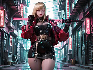 Red Leather Jacket Glistening Under Neon Rain, Kneeling Pose That Breaks the Armor