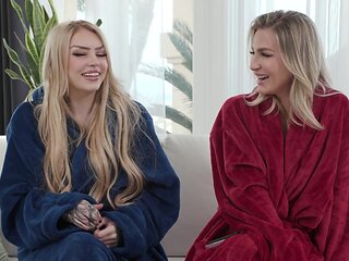 The backstage of the porn set with two hot blondes