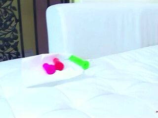 In order to orgasm the two brunette lesbians with massive black tits use sex toys
