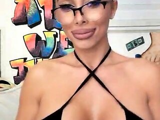 Busty curly brunette with big boobs fucks on couch