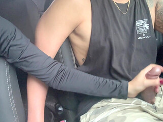 Petite Student Gives Handjob in the Car and Makes Him Cum