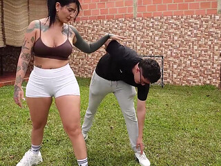 Curvy tattooed MILF sucks and rides her trainer hard sucking deep