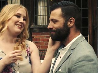 Blond babe Satine sucks Max's chubby cock in a steamy threesome