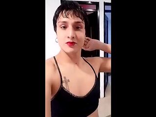 Shemale sissy plays with her big ass and masturbates her cute cock, anal carrot