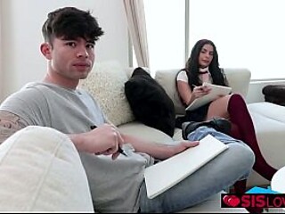 Hot Latina stepsister gives blowjob to brother while wearing uniform