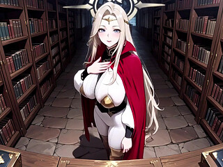 Languid Reading in a Gothic Library, White Robe and Red Cape, Hand Resting Gracefully with Half-closed Eyes.