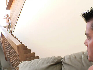 Blonde MILF in white stockings seduces the man with a big cock
