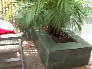 Outdoor Shower Oil Rub: Curvy Latina's Cheeks Squeezed and Spread Apart