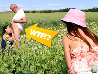 Hot Granny Fucks Young Guy in Field - Outdoor Threesome with Mature Babe & Tight Pussy!