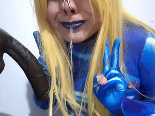 Cute Samus Femboy with BDSM Nosehook giving a Sloppy Blowjob to BBC Dildo, Deepthroat, Facial Fuck and Eating Semen
