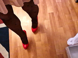 Sexy Trio of High Heels, I Secretly Walk in Their Pantyhose and Play with the Heels