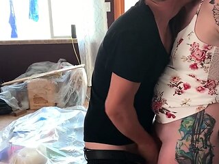 Hot brunette amateur MILF rides hubbys cock