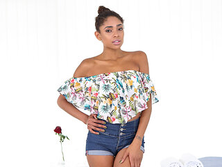 Petite Latina spreads wide and fingers on massage table