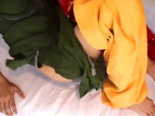 Sexy Indian in yellow and green sucks and takes husband's cock