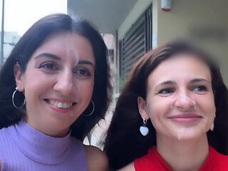 Slutty Neighbors Ask for Cum on Their Cute Faces for Public Cumwalk