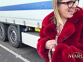 MILF shows tits to truckers and gets fucked in their truck