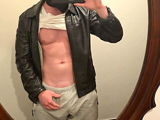After Work Jerk Off in Black Leather Jacket! Hot Daddy Shows Muscles & Pumps Thick Cock - Follow on X: PhantomGentX