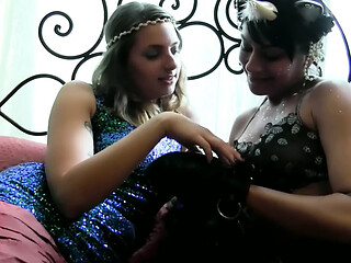 Magic Wand Orgasms in a Sequin Dress - Tattooed Babe Works Her Busty Friend