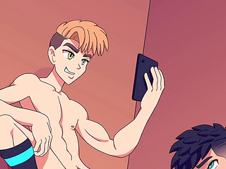 Hot yaoi threesome with dominant vibes in manga style