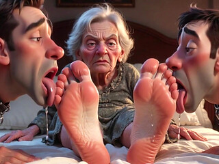 Submissive Mans Serving Old Granny's Ugly Feet - Humiliation