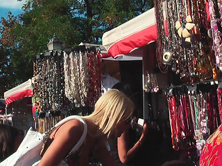 Busty Blonde MILF Drains Stranger Publicly for Voyeurs