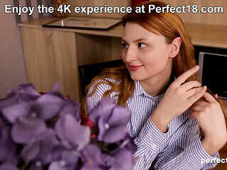 Cute teen Eva Foreva masturbates in fishnet dress at Perfect18