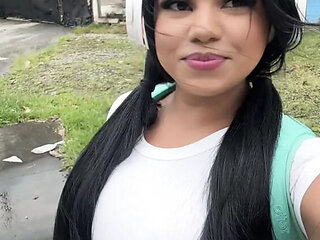 Amateur Latina with Big Booty Fucks Stranger Outside - Creampie & Squirting Orgasm