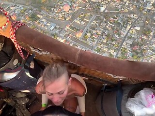 Petite blonde babe swallows in horny public pyramid sex