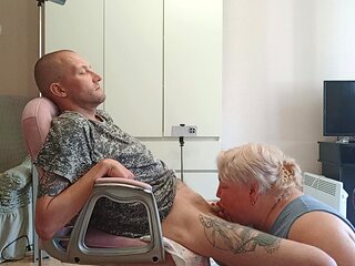 Wife Watches Mother-in-law Doing Deep Blowjob and Swallowing Cum