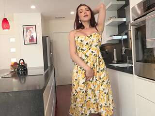 GROOBYGIRLS Redhead Trans Woman Strokes Big Cock on Kitchen Island Wearing White High Heels