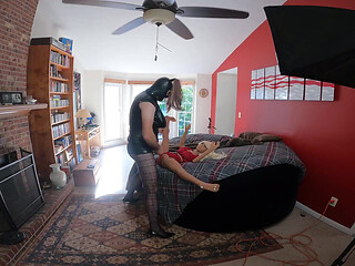 Big fake tits cross dresser fucks sex doll in front of open window