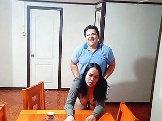 Sex before breakfast on the dining table with a stepmother taken by surprise