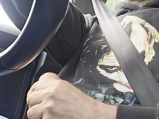 Straight guy gets horny and jerks off while driving, he almost got caught