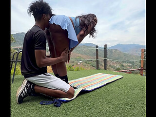 A gorgeous Ebony Milf Fucks her trainer, who&rsquo_s got a massive cock , with her tight pussy whilst her husband&rsquo_s away