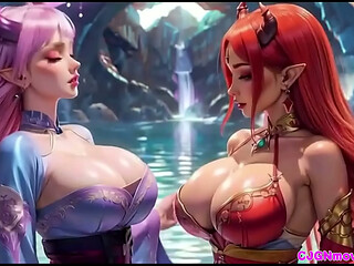 MOVIE, The queen ask 2 girls for Kiss and bouncing breast, Ai animation