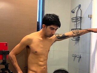 I take a bath with my friend's slut and she sucks me until