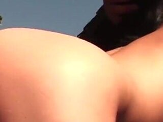 Naughty Brunette Gets Her Pussy Screwed by Two Muscular Guys Outside