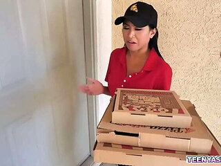 Ember Snow Asian Teen Delivers Hot Pizza Threesome with Rion King and Jay Romero