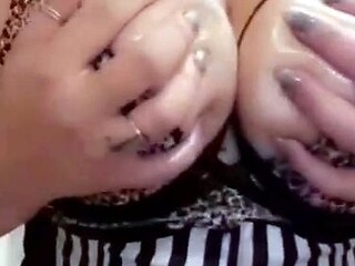 Busty BDSM Milf Babs Lactates on Webcam Solo