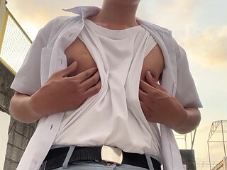 Asian Boy in School Uniform Outdoor Masturbation