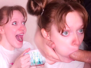 Crazy redhead stepsister roughly and deeply sucks a big cock