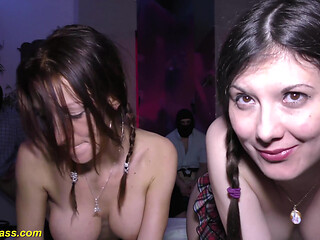 Two German teens in a rough gangbang fuck orgy
