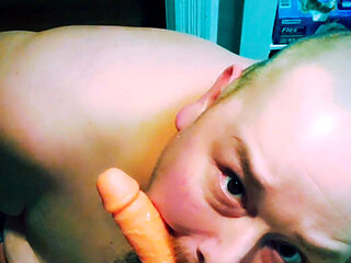 Superchub sucking his dildo