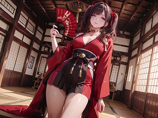 Taboo First Encounter at the Shrine, Kneeling in the Corridor While Stroking Her Hair